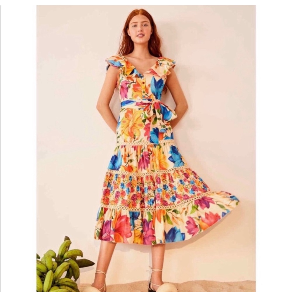 FARM Rio Mary's Garden Frilled Top Midi Dress Size XS